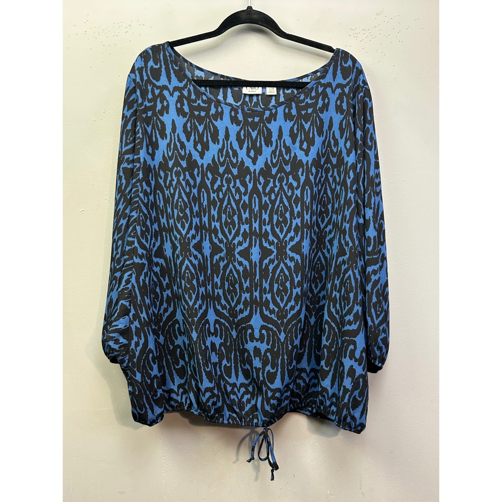 Cato Blouse Women 26/28W Blue Ikat Print Drawstring Hem 3/4 Sleeve Boho Top